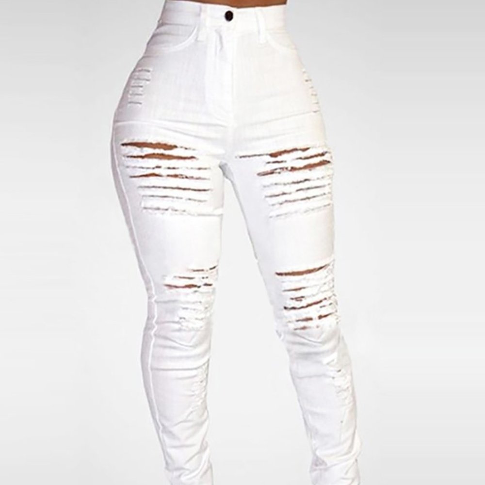 Fringe Hem Ladder Cutout Denim White